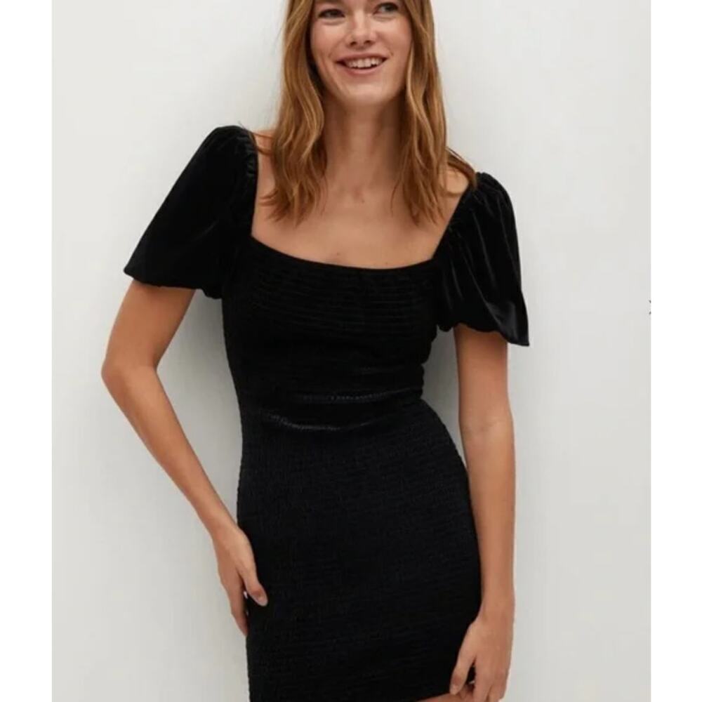 MNG Mango Womens Velvet Square Neck Puff Sleeve Smocked Mini Dress Black Size 4